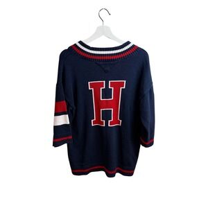 Tommy Hilfiger Denim Sweater Mens Small Navy V Neck Varsity Collegiate H Logo